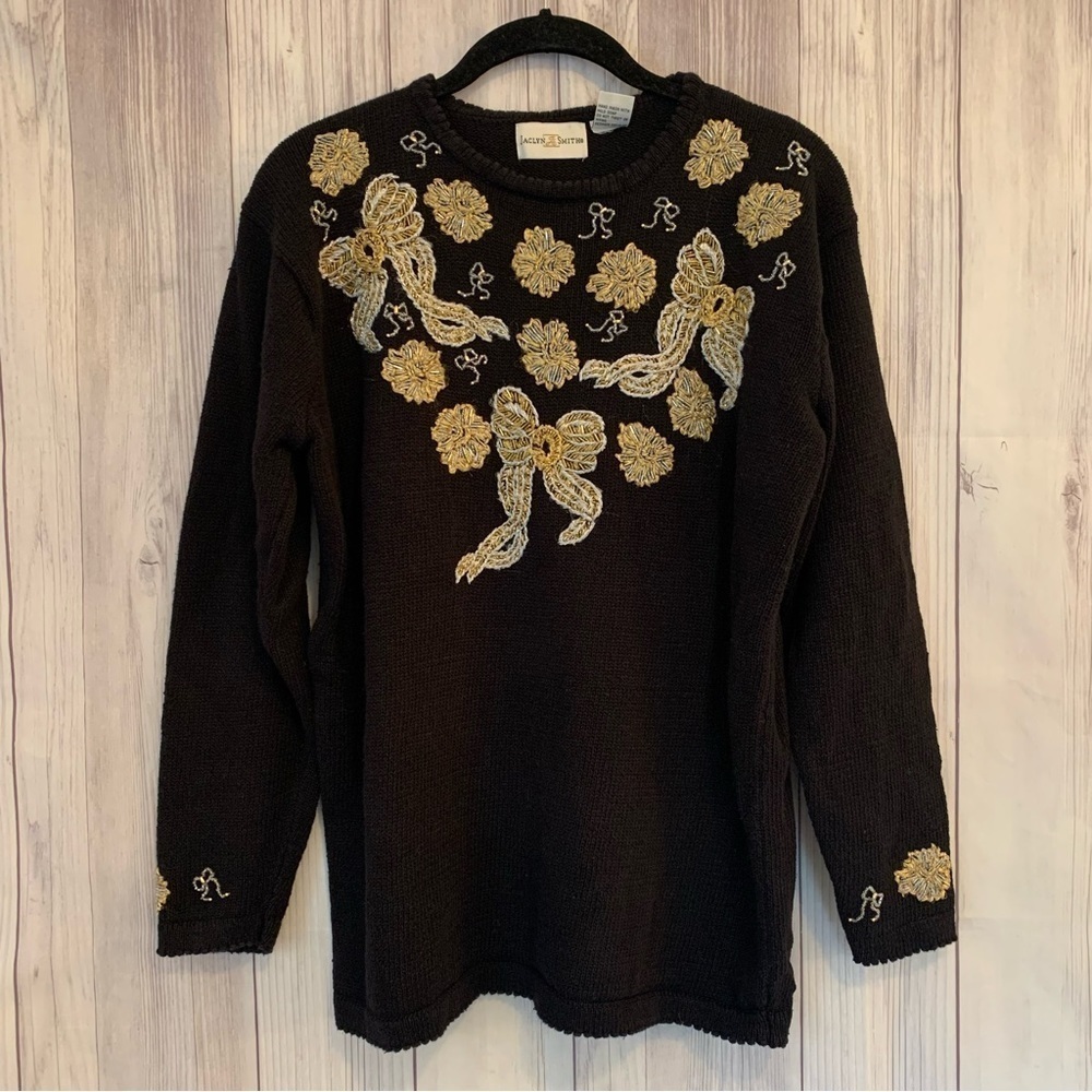 Vintage Appliqué Embroidered Beaded Floral Black Gold Sweater Jacklyn Smith M